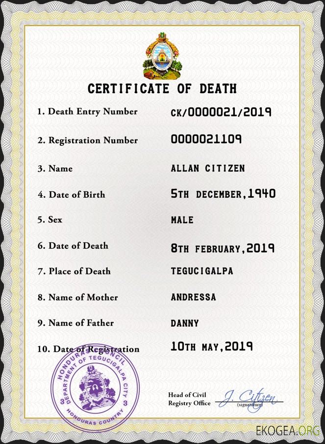 Modèle PSD de certificat de décès du Honduras